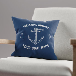 Custom Welcome Aboard Boat Name Navy Blue Cushion