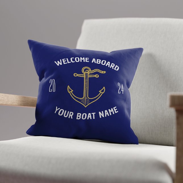Custom Welcome Aboard Boat Name Navy Blue & Gold Cushion (Creator Uploaded)