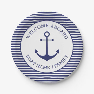 Custom Welcome Aboard nautical anchor blue stripes Paper Plate