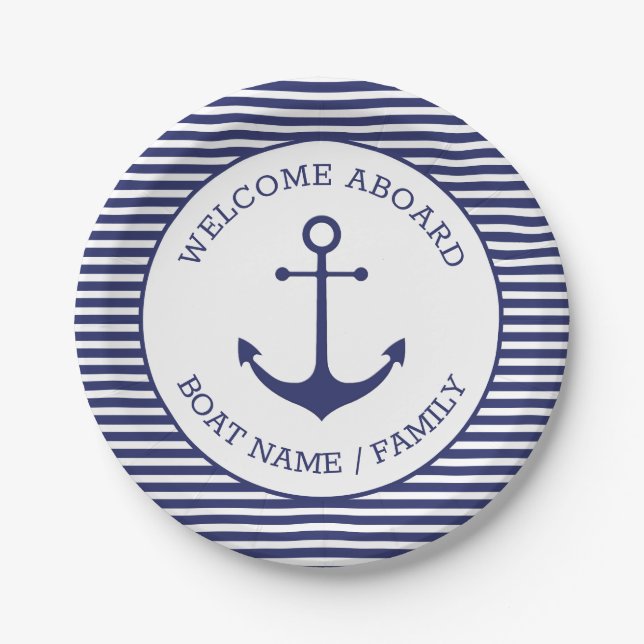 Custom Welcome Aboard nautical anchor blue stripes Paper Plate (Front)