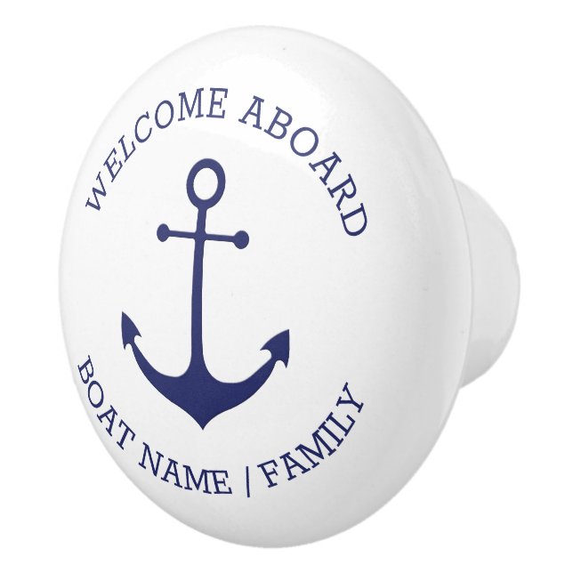 Custom Welcome Aboard nautical anchor blue white Ceramic Knob (Right)