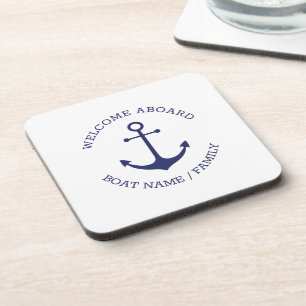 Custom Welcome Aboard nautical anchor blue white Coaster