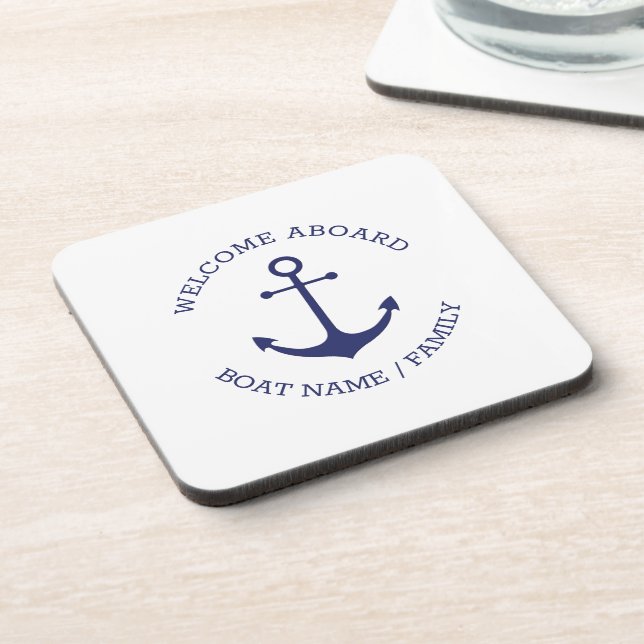 Custom Welcome Aboard nautical anchor blue white Coaster (Left Side)