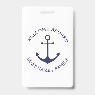 Custom Welcome Aboard nautical anchor blue white ID Badge