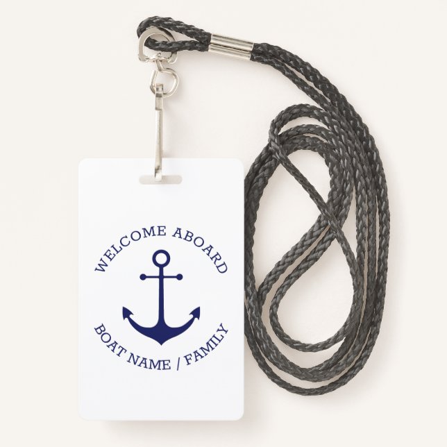 Custom Welcome Aboard nautical anchor blue white ID Badge (Front with Lanyard)