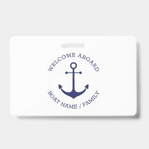 Custom Welcome Aboard nautical anchor blue white ID Badge