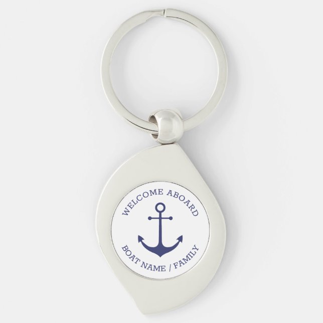 Custom Welcome Aboard nautical anchor blue white Key Ring (Front)