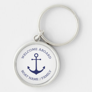 Custom Welcome Aboard nautical anchor blue white Key Ring