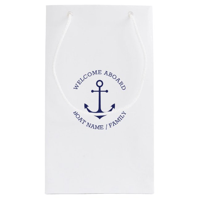 Custom Welcome Aboard nautical anchor blue white Small Gift Bag (Back)