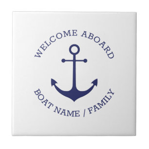 Custom Welcome Aboard nautical anchor blue white Tile