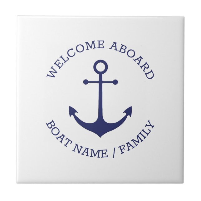 Custom Welcome Aboard nautical anchor blue white Tile (Front)
