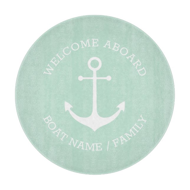 Custom Welcome Aboard nautical anchor seafoam mint Cutting Board (Front)