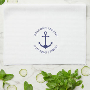 Custom Welcome Aboard nautical navy blue anchor Tea Towel
