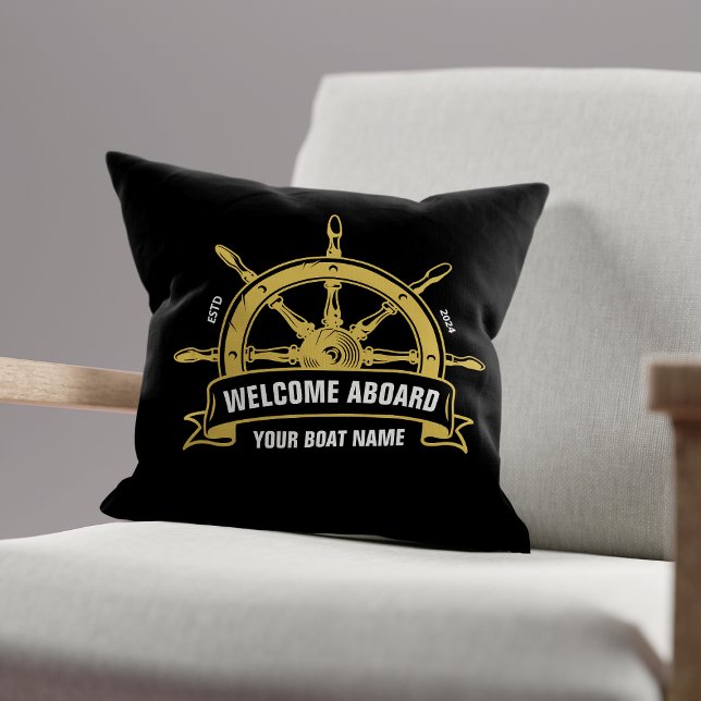 Custom Welcome Aboard Nautical Ship Wheel Black Cushion (Creator Uploaded)