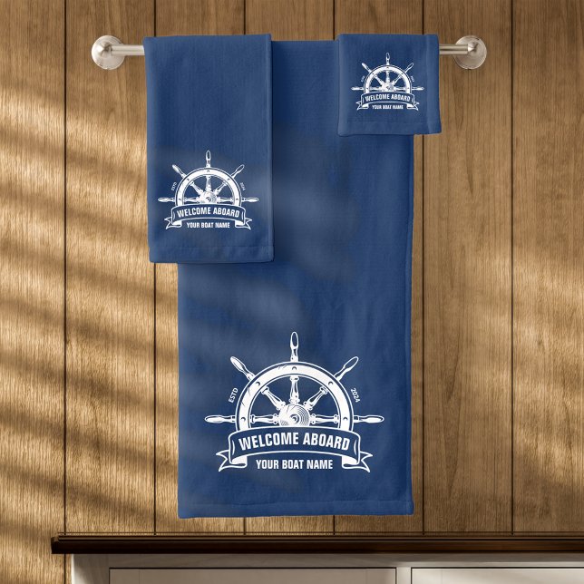 Custom Welcome Aboard Nautical Ship Wheel Blue Bath Towel Set (Creator Uploaded)