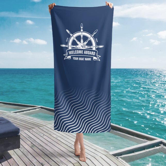 Custom Welcome Aboard Nautical Ship Wheel Blue Beach Towel (Creator Uploaded)