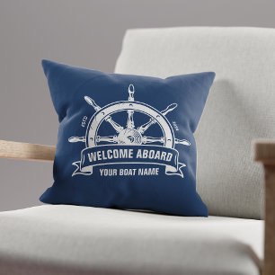 Custom Welcome Aboard Nautical Ship Wheel Blue Cushion