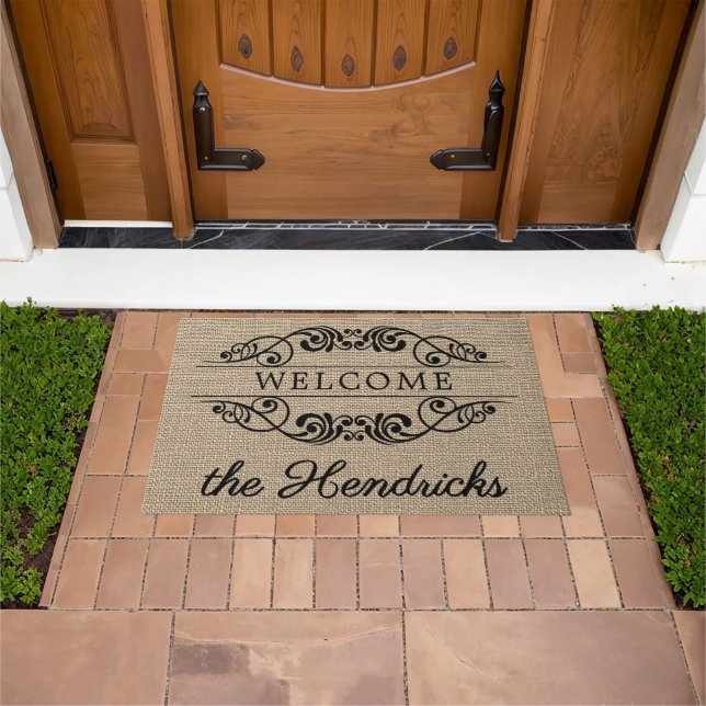 Custom Welcome Antique Floral Scroll Faux Burlap Doormat (Outdoor)