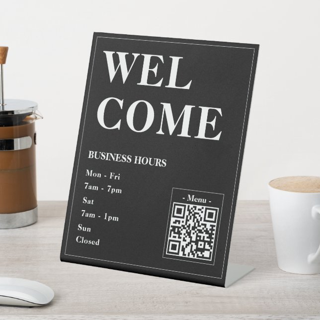 Custom Welcome Business Hours With QR Code Pedestal Sign (In SItu)