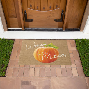 Custom Welcome Orange Pumpkin On Faux Jute Burlap Doormat