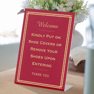 Custom Welcome Please Remove Your Shoes Red Pedestal Sign