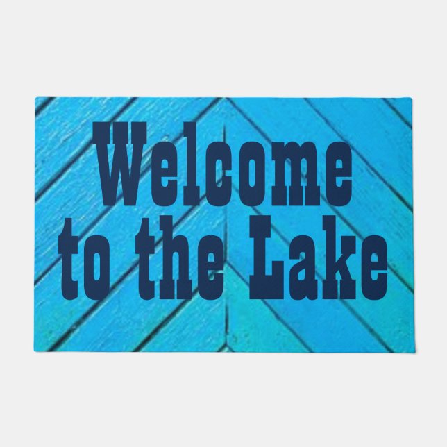 Custom "Welcome to the Lake" BLUE Rustic Wood Look Doormat (Front)