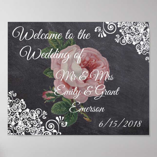 Custom Welcome to the Wedding of Chalkboard  Rose Poster (Front)