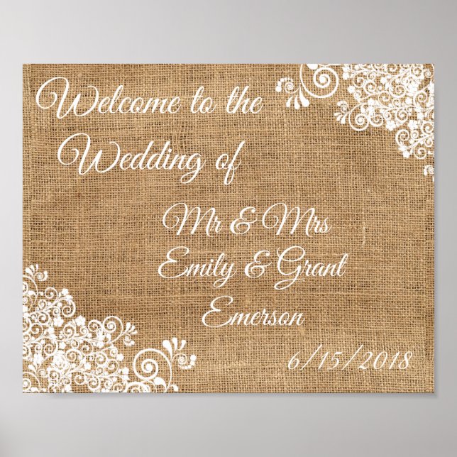 Custom Welcome to the Wedding of Rustic Burlap Poster (Front)