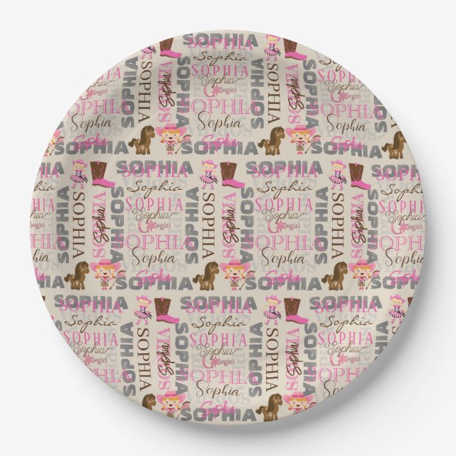 Custom Western Cowgirl Horse Lover Collage Name Paper Plate (Front)