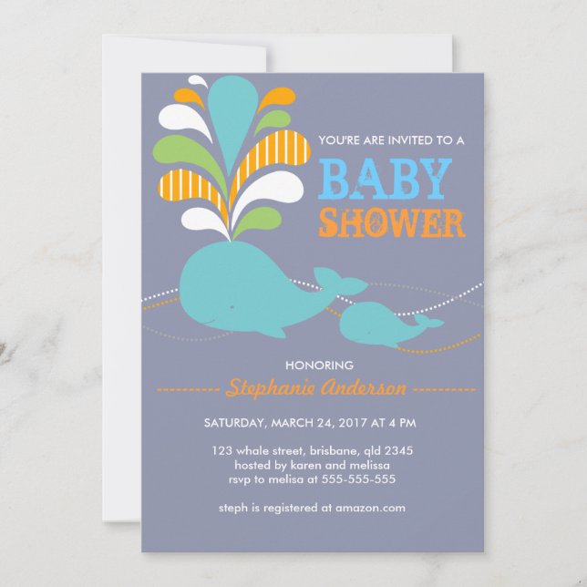 Custom whale baby shower invitation (Front)
