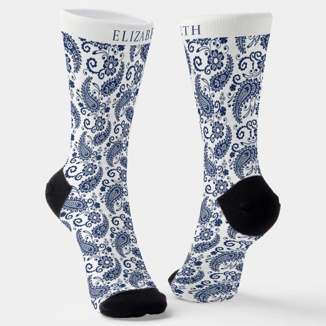 Custom While and Dark Navy Blue Paisley Pattern Socks (Angled)