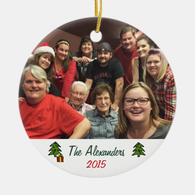 Custom Whimsical 2-sided Family Photo Christmas Ceramic Tree Decoration (Front)