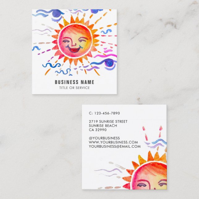 Custom Whimsical Bright Colourful Sun Watercolor Square Business Card (Front/Back)