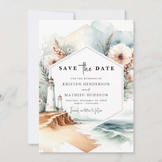Custom Whimsical Charm Lighthouse Wedding Save The Date (Front)