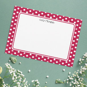 Custom Whimsical Paw Print Polka Dot Red Note Card