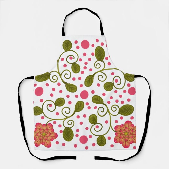 Custom Whimsical Pink Floral & Polka Dot Pattern Apron (Front)