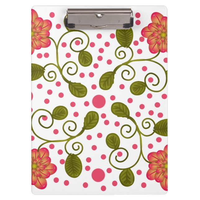Custom Whimsical Pink Floral & Polka Dot Pattern Clipboard (Front)