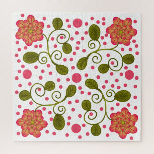 Custom Whimsical Pink Floral & Polka Dot Pattern Jigsaw Puzzle