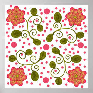 Custom Whimsical Pink Floral & Polka Dot Pattern Poster