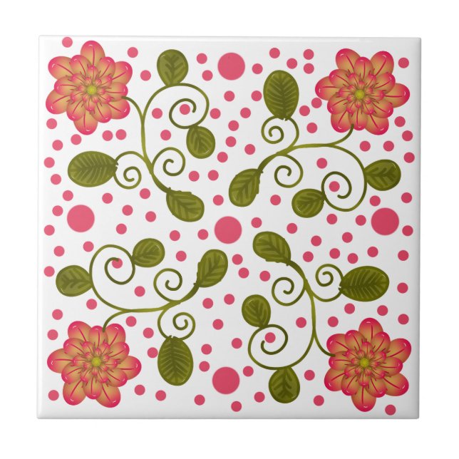 Custom Whimsical Pink Floral & Polka Dot Pattern Tile (Front)
