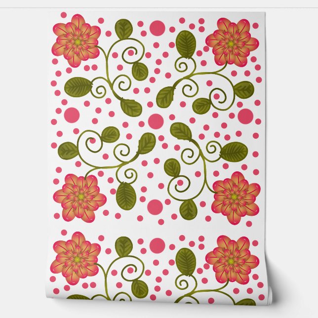 Custom Whimsical Pink Floral & Polka Dot Pattern Wallpaper (Unrolling)