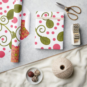 Custom Whimsical Pink Floral & Polka Dot Pattern Wrapping Paper
