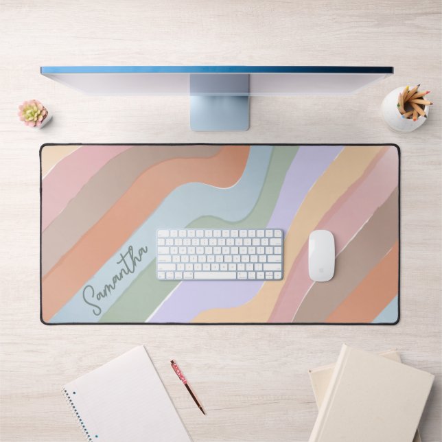 Custom Whimsical Retro Stripes Pastel Rainbow Wave Desk Mat (Office 1)