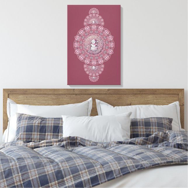 Custom Whimsical Snowman Ornamental Mandala Wall Canvas Print (Insitu(Bedroom))