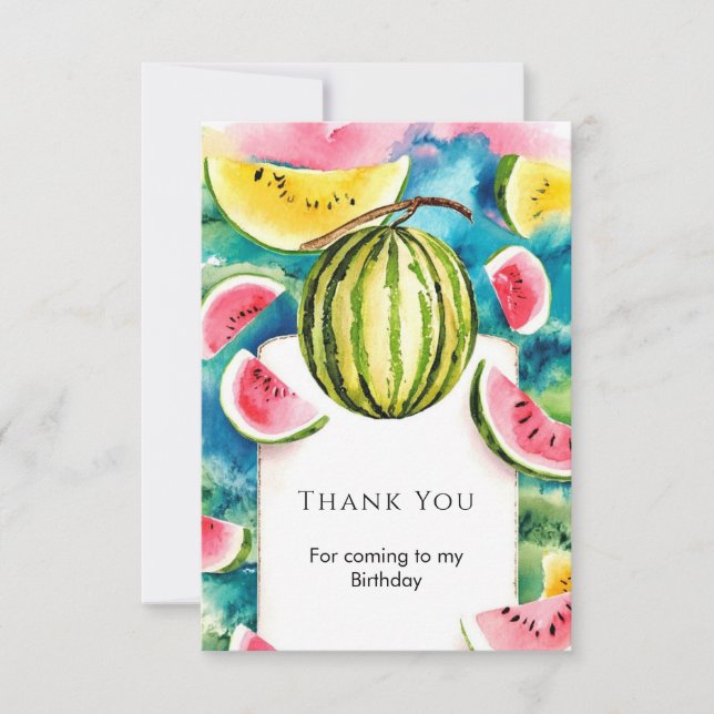 Custom Whimsical Watermelon Birthday Thank You Card (Front)
