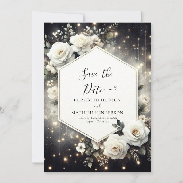 Custom Whimsical White Roses Wedding Save The Date (Front)