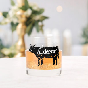 Custom whiskey drink glass with cow silhouette