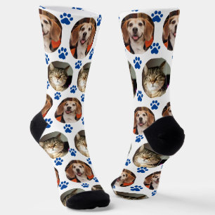  Custom White 2 Pet Photo Blue Paw Prints  Socks