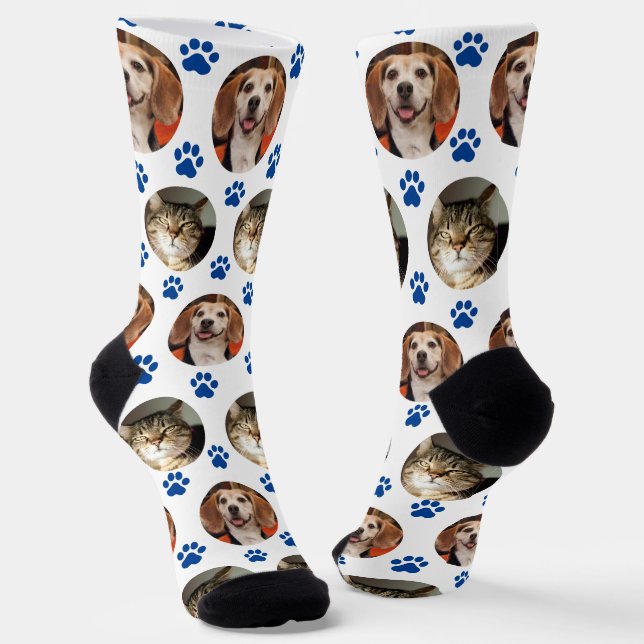  Custom White 2 Pet Photo Blue Paw Prints  Socks (Angled)