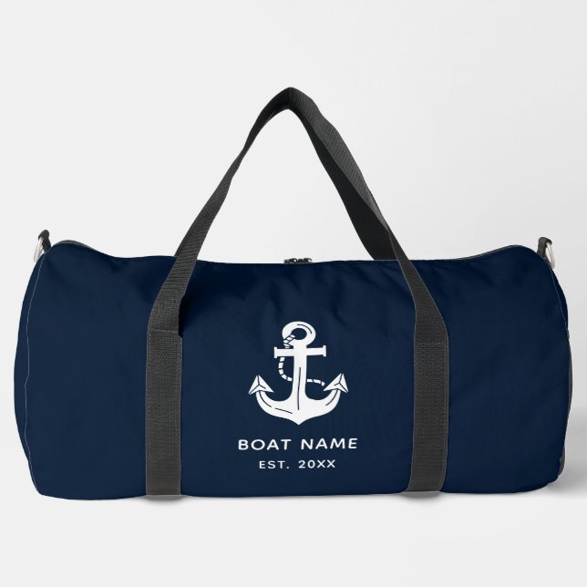 Custom White Anchor Navy Boat Name Duffle Bag (Front)